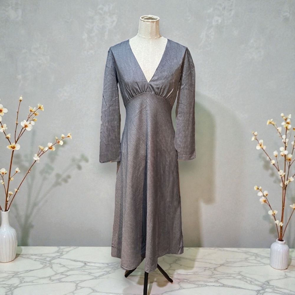 Zara NWT gray herringbone patterned v-neck midi dress Size XS